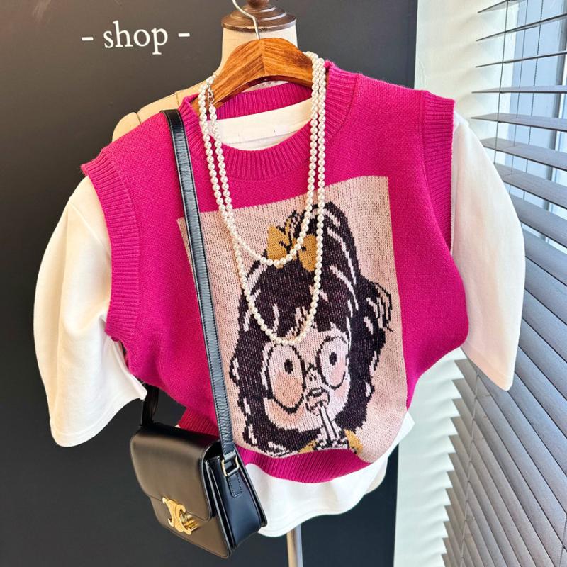 기간한정 뿔테소녀 프린팅 라운드 봄 니트 조끼베스트