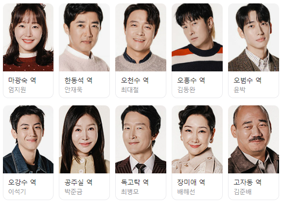 드라마 '독수리 오형제를 부탁해' 등장인물 사진. 마광숙 역-엄지원, 한동석 역-안재욱, 오천수 역-최대철, 오흥수 역-김동완, 오범수 역-윤 박, 오강수 역-이석기.