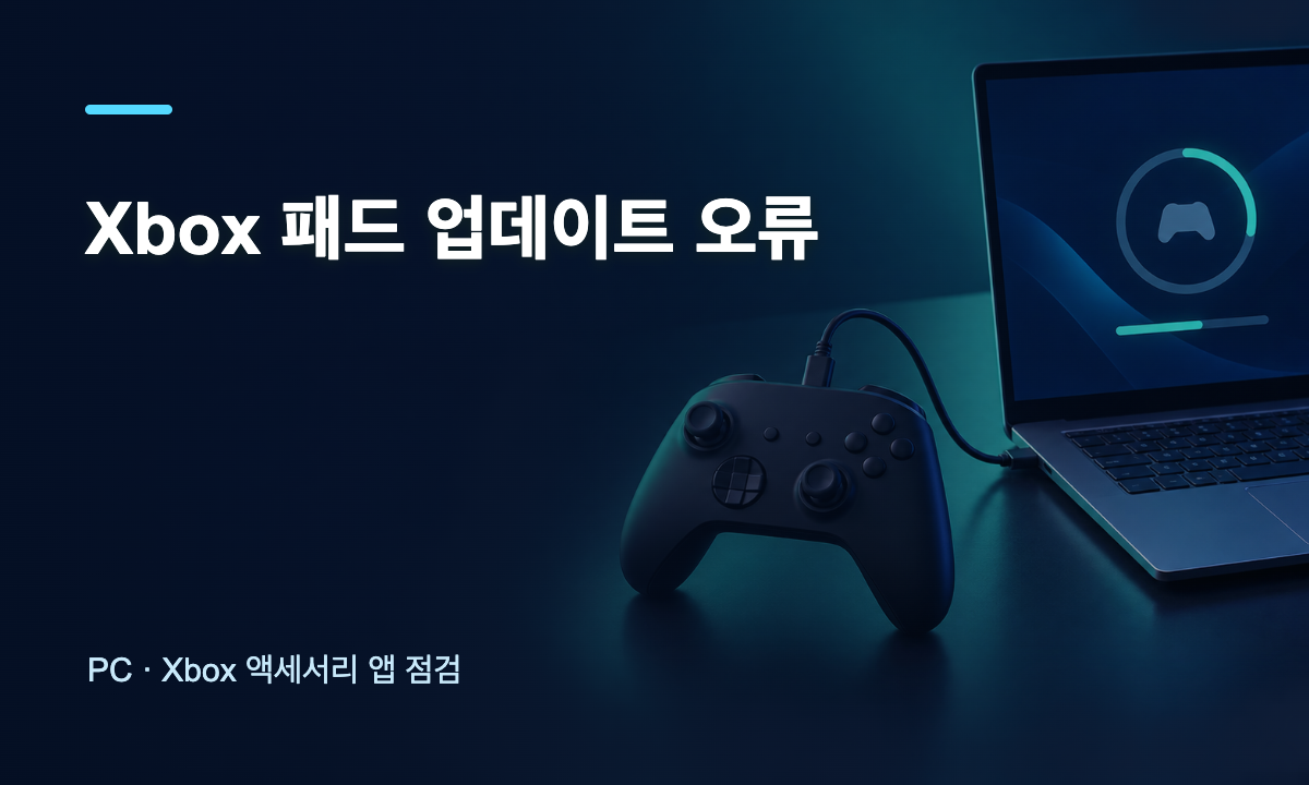 USB로 노트북에 연결한 Xbox 컨트롤러와 펌웨어 업데이트 표시를 그린 대표 삽화
