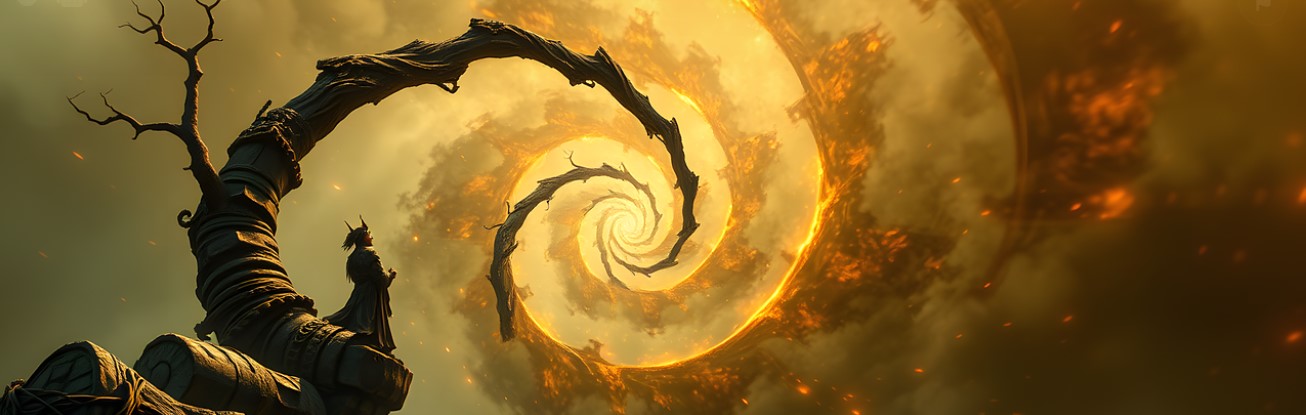 나선형으로 꼬여있는 나무와 그 끝을 바라보는 마법사 처럼 생긴 사람이 있는 그림