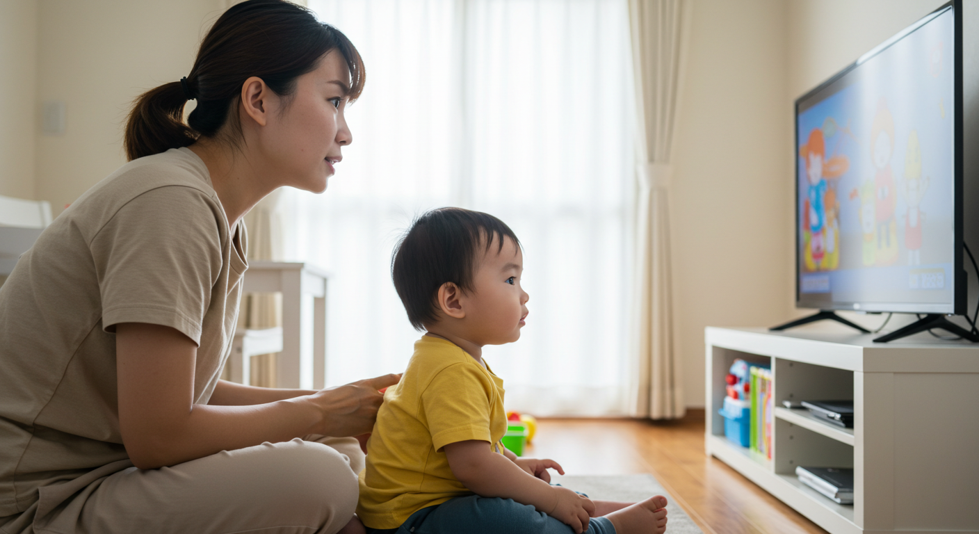 엄마와 함께 tv를 보고 있는 4살 아기