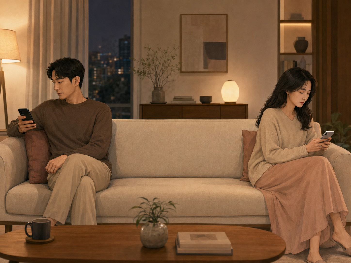 같은 소파 양끝에 떨어져 앉아 각자 휴대전화를 바라보는 회피형 커플의 조용한 거리감을 표현한 이미지