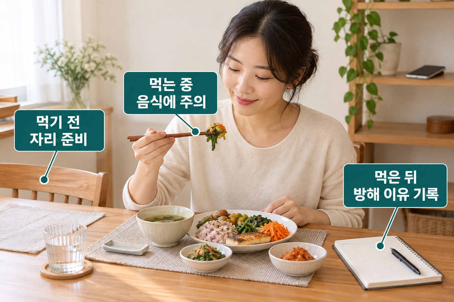 휴대전화를 따로 둔 식탁에 식사와 수저받침, 간단한 기록지를 준비한 모습