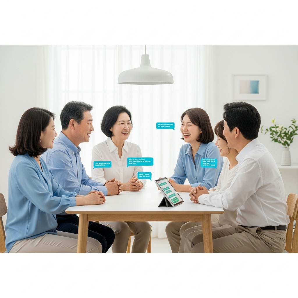 2025년 MZ세대 자녀와 부모가 편안하게 대화하며 웃고 있는 화목한 가정의 모습