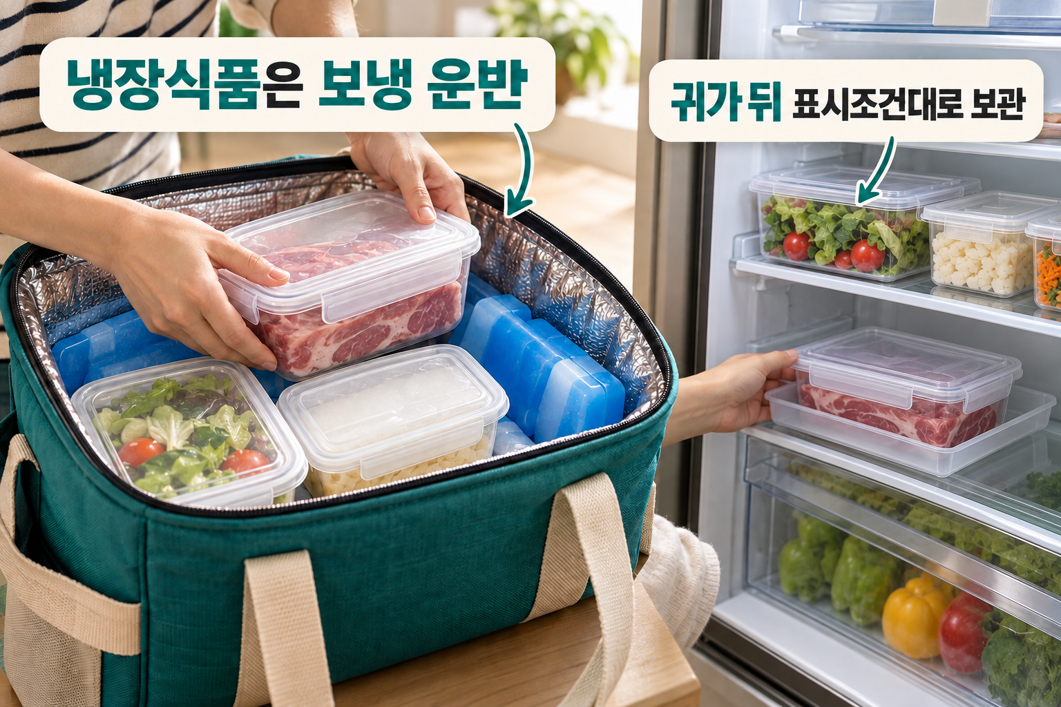 아이스팩이 든 보냉가방에 밀봉된 냉장식재료를 담는 손