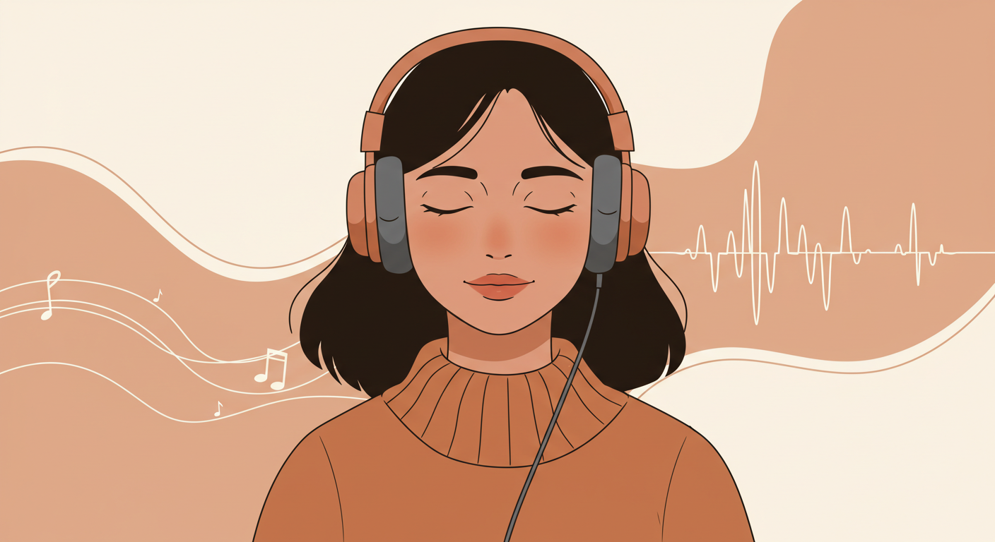 행복하고 평화로운 표정의 사람이 헤드폰으로 음악을 듣는 모습
