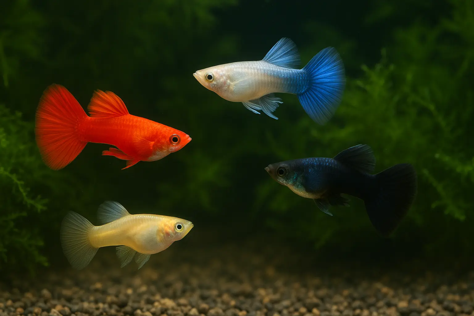 다양한 색상의 구피(레드, 블루, 화이트, 옐로, 블랙 턱시도)가 수초가 풍성한 가정용 어항에서 유영하는 모습