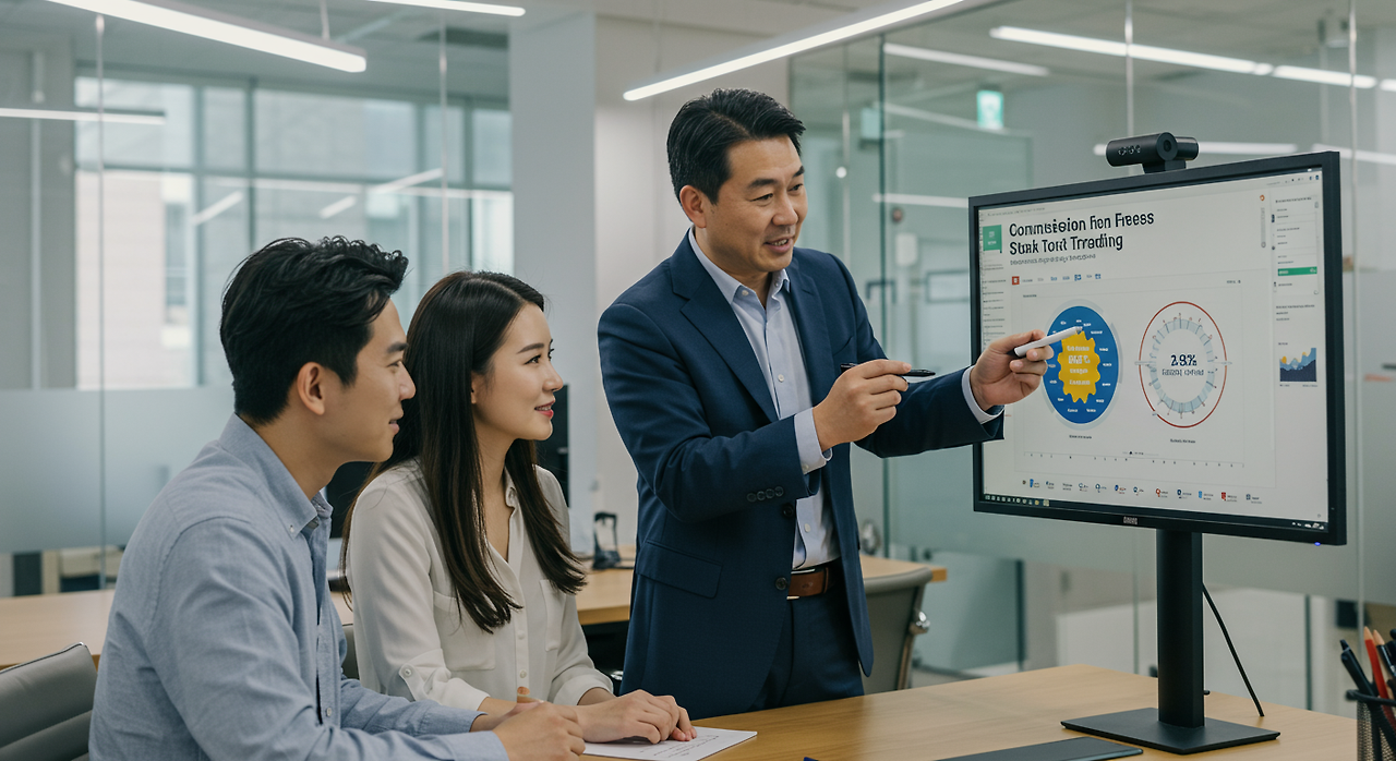 도심 사무실에서 젊은 커플에게 주식 수수료 무료 혜택을 설명하는 금융 상담사