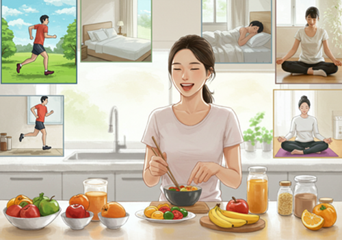 건강한 식단, 규칙적인 운동, 충분한 수면, 스트레스 관리가 조화롭게 어우러진 요요 없는 건강한 라이프스타일.