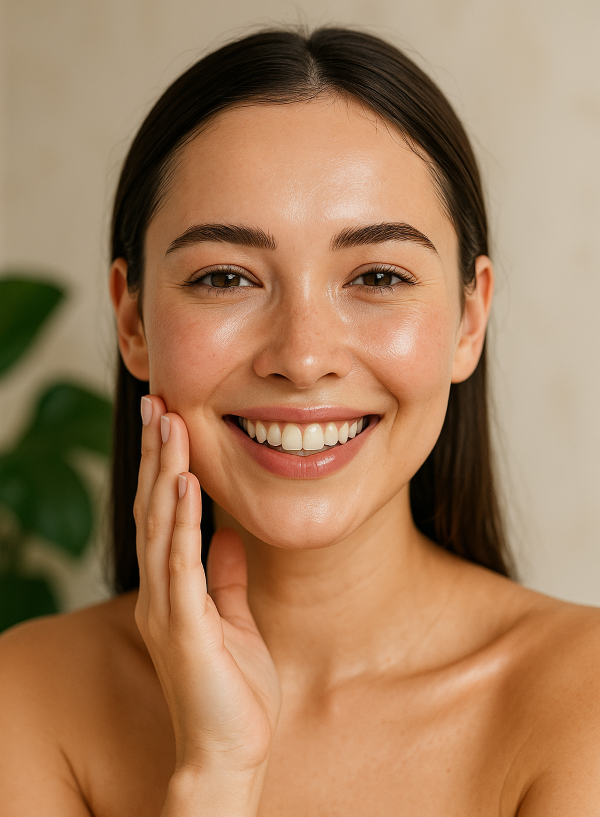 "장이 건강한 상태를 상징적으로 표현한 이미지. 피부가 맑고 윤기 있는 젊은 여성이 햇빛 아래에서 건강하고 생기 있게 웃고 있으며, 속 건강이 피부로 드러나는 상태를 시각적으로 묘사"