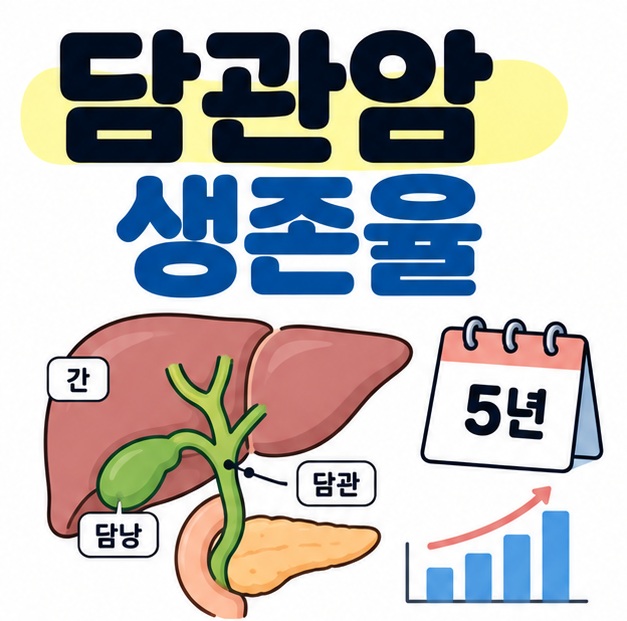 담관암 생존율 문구와 담관 위치를 단순화한 인체 도식, 5년 생존율 그래프 아이콘을 보여주는 대표 카드