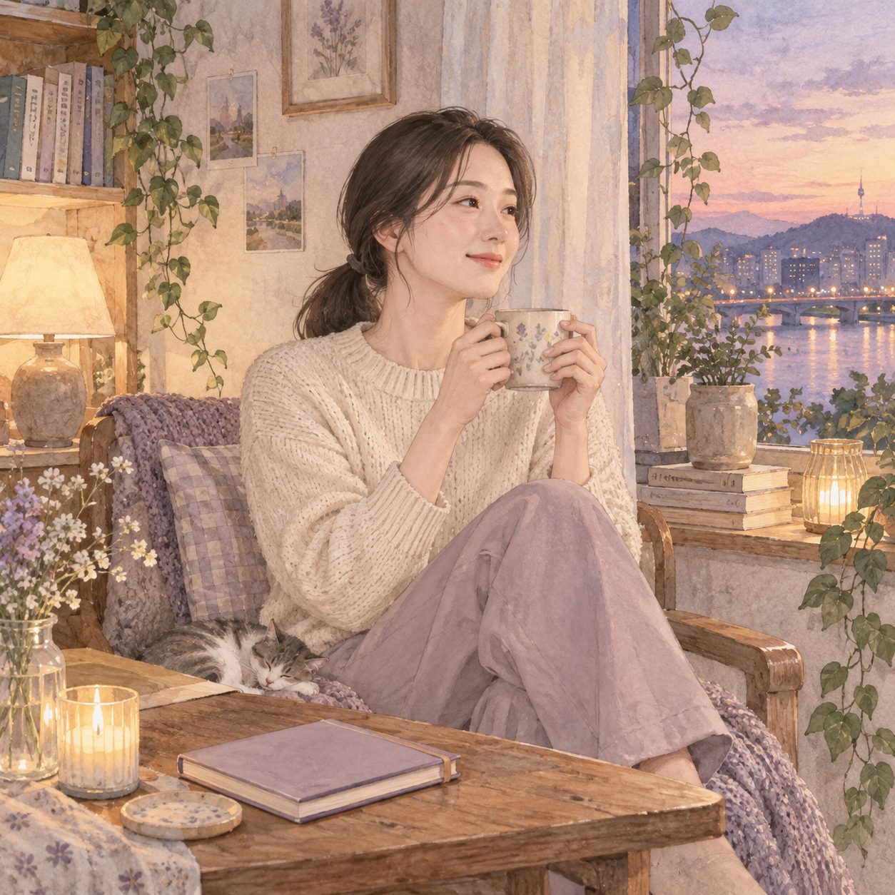 메모장을 닫고 창가에서 차를 마시며 쉬는 은서의 일러스트