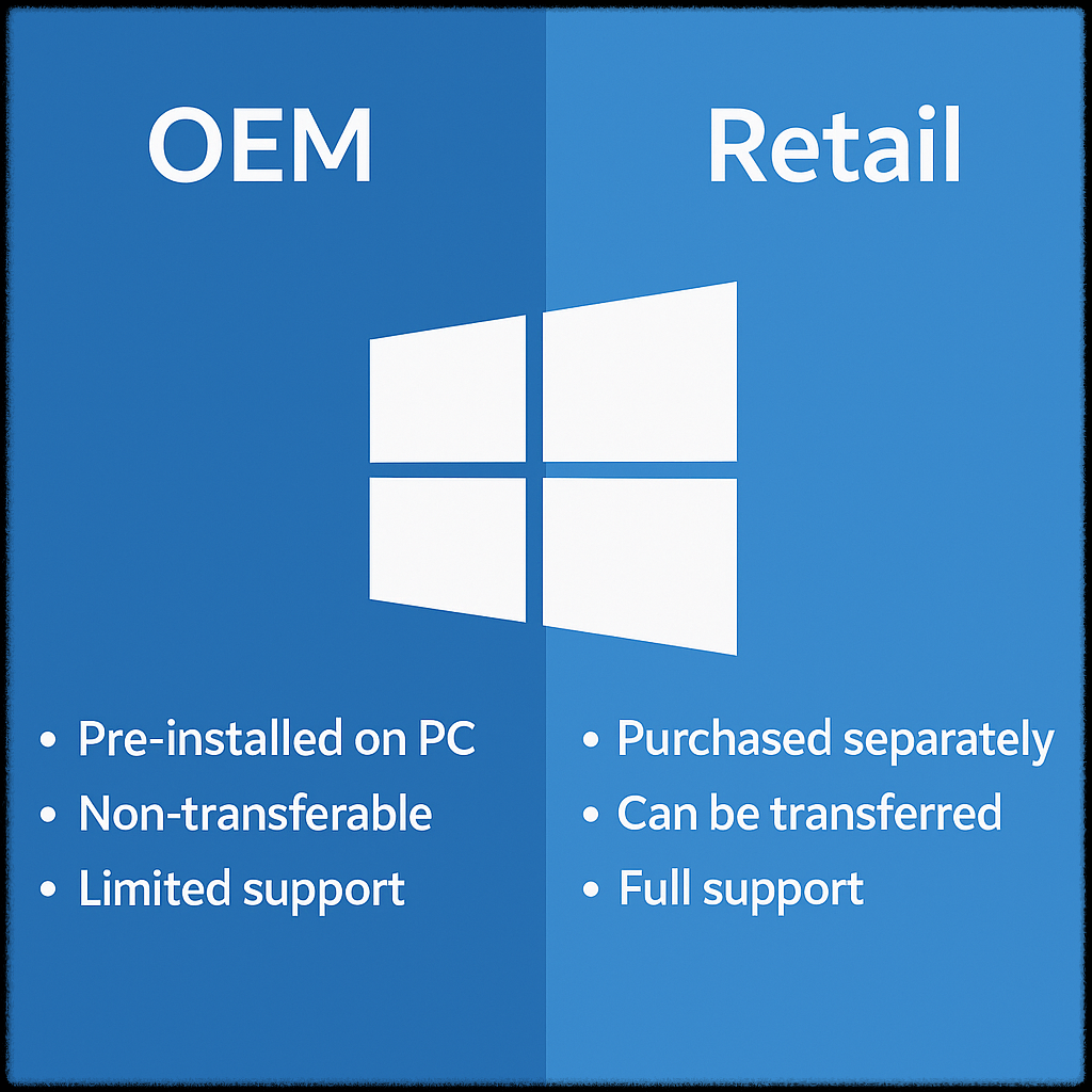 Windows OEM과 Retail 버전 비교 장면