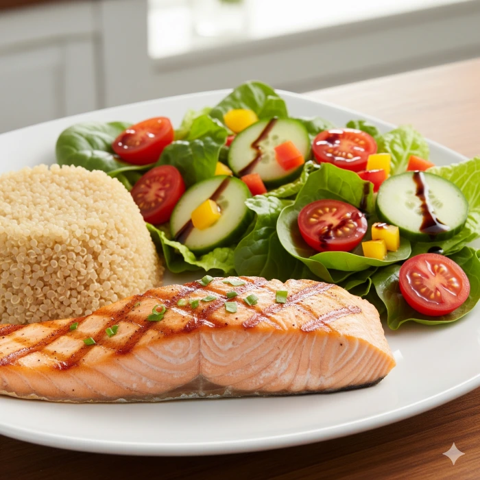 흰 접시에 담긴 구운 연어, 퀴노아, 그리고 다채로운 채소 샐러드로 구성된 먹음직스러운 DASH 식단.