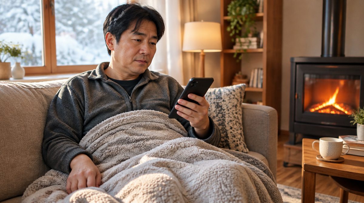 겨울 거실에서 휴대전화를 보는 편마비 당사자
