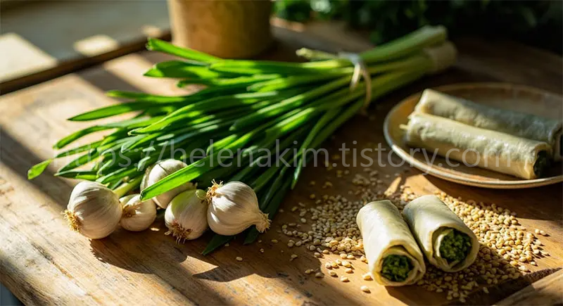 탁자 위에 부추와 마늘, 그리고 부추 말이 음식 이미지.