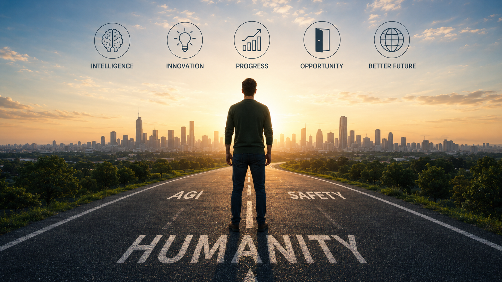 Person standing on a road toward a futuristic city symbolizing humanity's future with AI