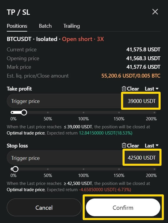 TP 값 39000, SL 값 42500을 입력한 후 Confirm 버튼을 네모로 강조해 두었다.