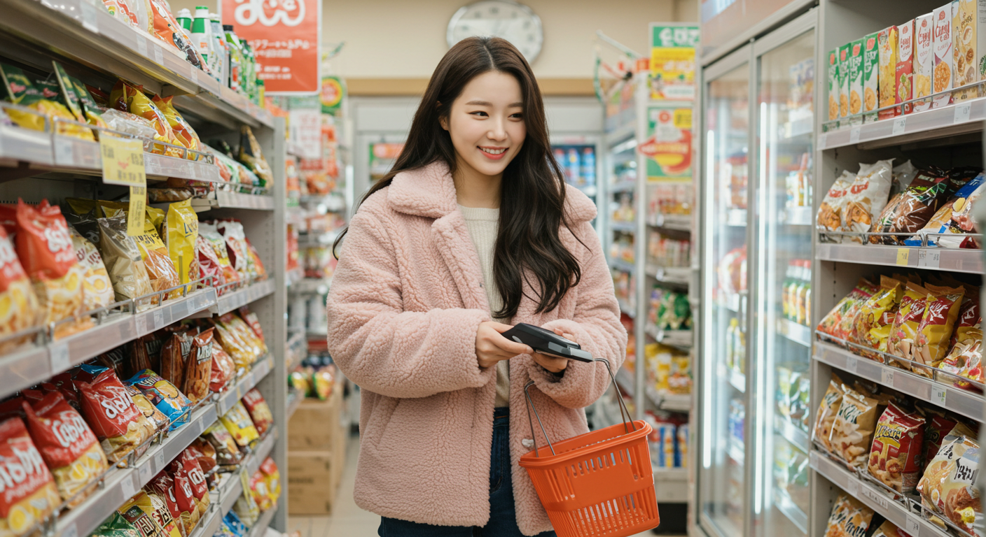 편의점에서 쇼핑을 즐기는 여자