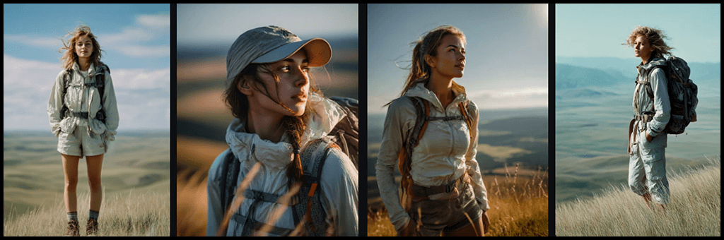 브랜드 룩북, 가벼운 소재와 아웃도어 감성이 강조된 트래블러 포트레이트 이미지_Midjourney