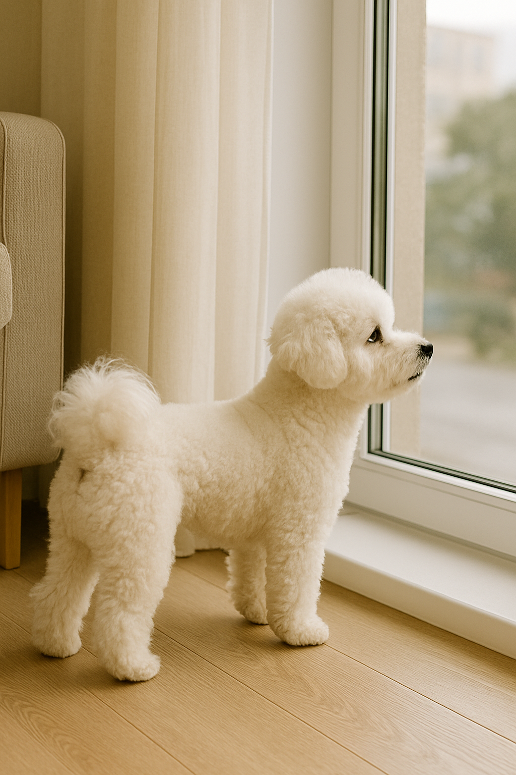 거실 창가 앞에서 귀를 쫑긋 세운 강아지
경계하며 짖기 직전의 긴장된 표정과 자세