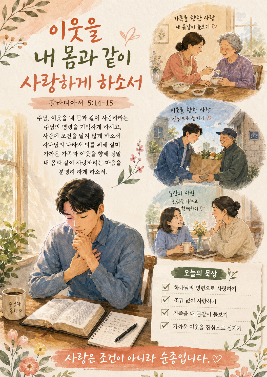 갈 5:14-15 말씀에서 이웃을 내 몸과 같이 사랑하라는 하나님의 명령이 명령임을 기억하며 이웃을 사랑하는데 조건을 달지 말고 하나님의 나라와 의를 위해, 그리고 이웃을 사랑하기 위해 살아가려는 마음을 명확히 하고 가까운 가족과 이웃을 향해 정말 내 몸과 같이 사랑하려는 마음을 가지기를 생각하는 시간을 갖는 모습입니다.