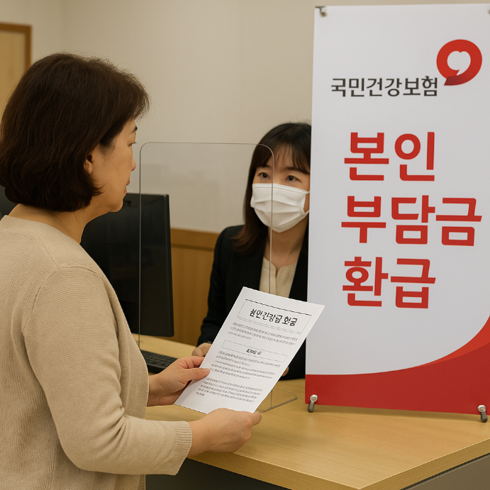 건강보험공단 지사 창구에서 중장년 여성이 본인부담금 환급 관련 안내문을 손에 들고 직원과 상담 중인 장면