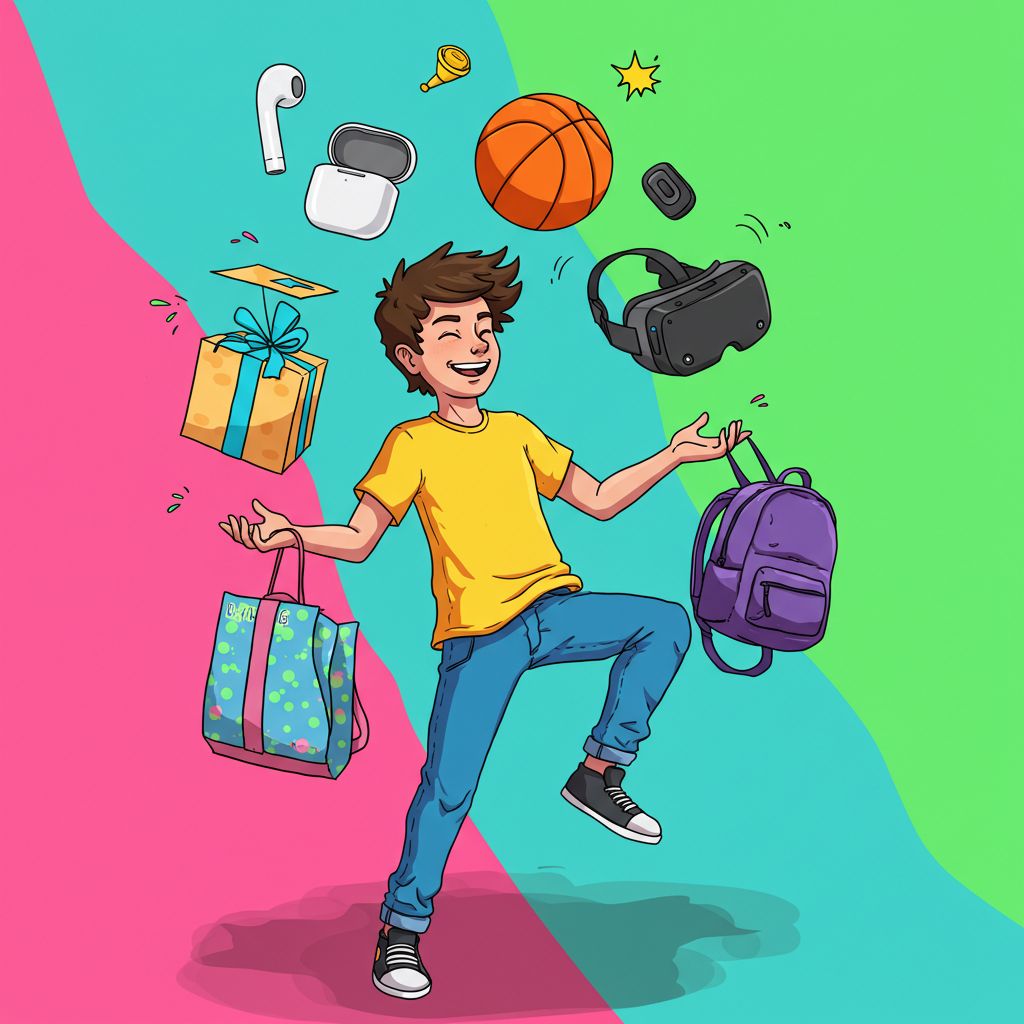 무선 이어폰, 농구공, 백팩, VR 헤드셋을 들고 즐겁게 있는 십대 아들의 생일 선물 장면 — 귀엽고 생동감 넘치는 일러스트, 인기 선물 아이템