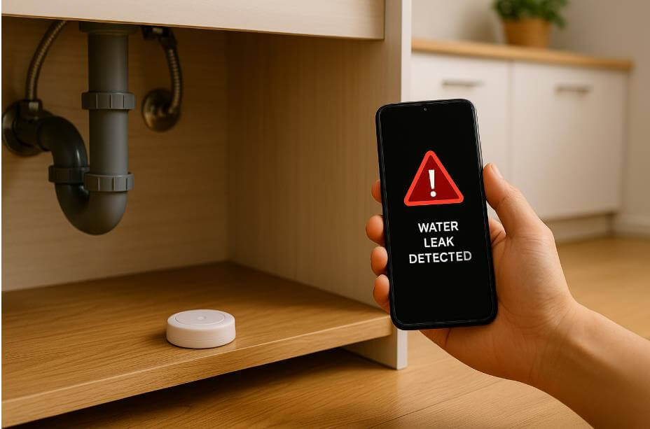 스마트폰에 누수 감지 알림이 표시된 주방 싱크대 장면