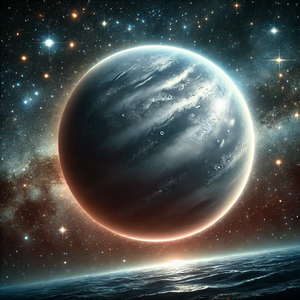 포말하우트b 행성의 표면을 형상화한 사진이다 차가운 얼음과같은 느낌이며 구름같은 것이 행성 표면을 감싸고 있다. 뒤로는 우주의 은하수와 별들이 펼쳐져있다.