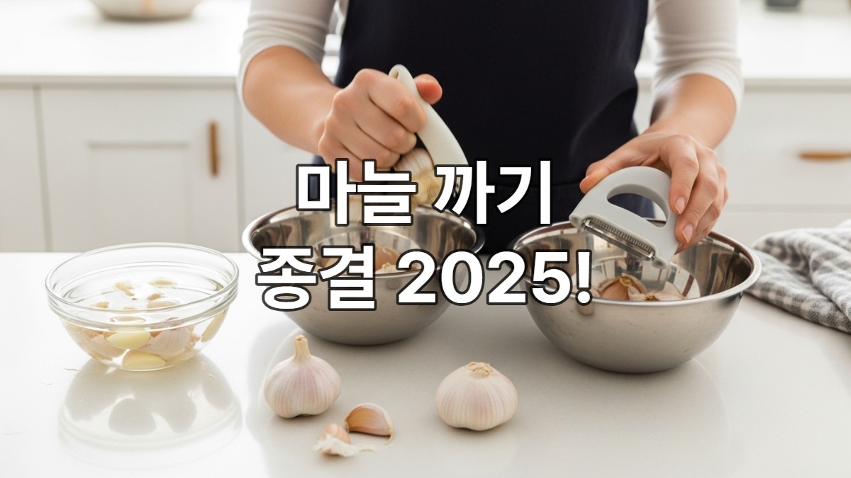 따뜻한 물에 담긴 마늘, 스텐볼로 흔들어 까는 마늘, 실리콘 필러를 사용하는 손 등 다양한 마늘 까기 방법이 시연되고 있는 현대적인 주방 풍경.