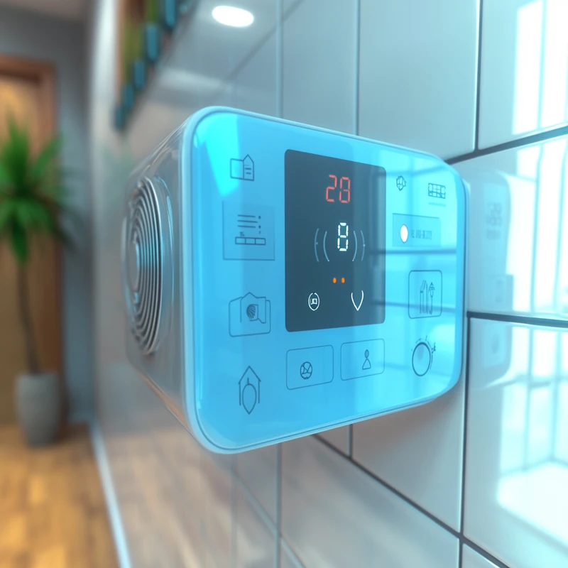 스마트 홈 기기를 통해 무풍 에어컨을 손쉽게 제어하는 장면입니다. 현대적인 도심 생활과 편리함을 결합한 디자인이 돋보입니다.