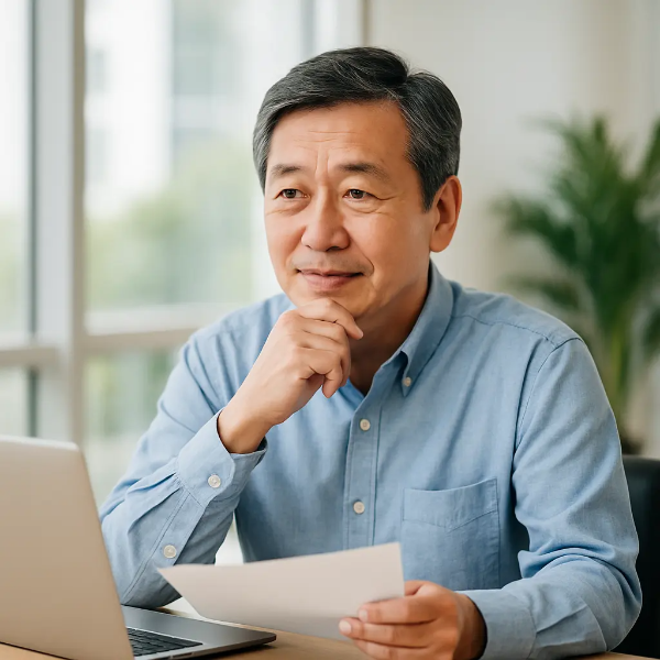 밝은 오피스 공간에서 종이를 들고 생각에 잠긴 중년 남성의 자연스러운 표정 포트레이트, 텍스트 없음