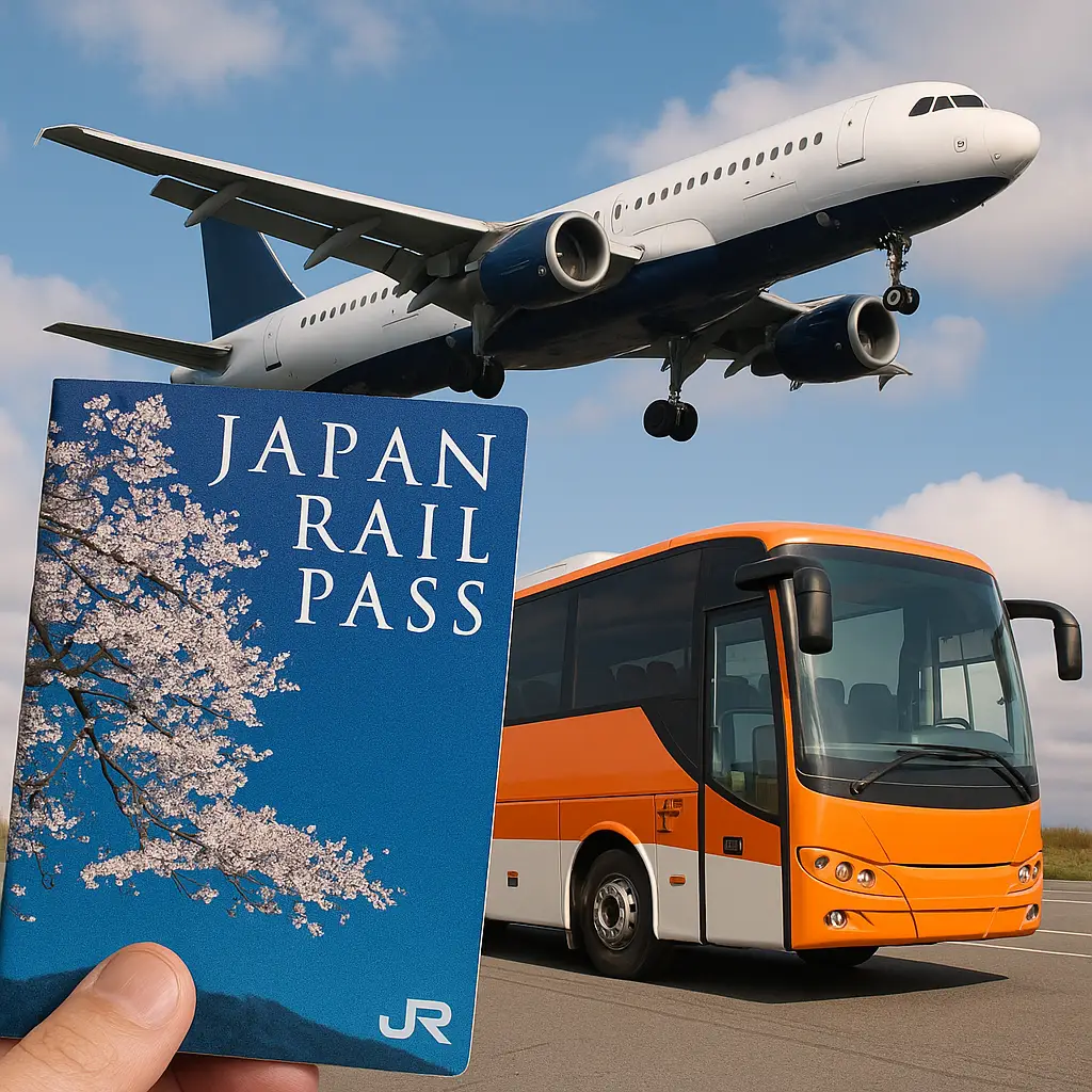 JR패스, 비행기, 고속버스가 함께 등장한 일본 교통수단 실사 이미지