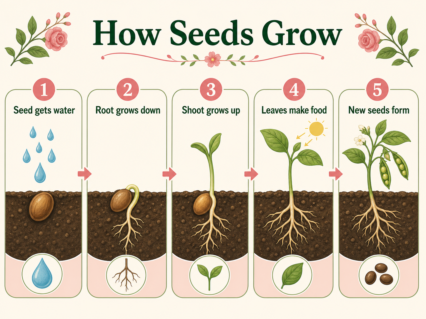 Infographic explaining how seeds grow into plants