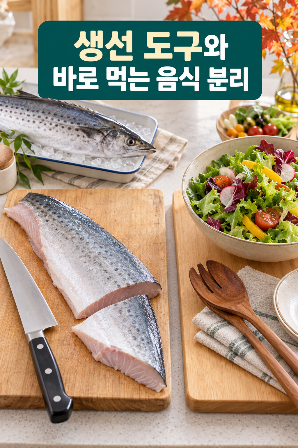 생삼치와 손질 도구를 바로 먹는 채소·전용 도구와 분리한 모습.