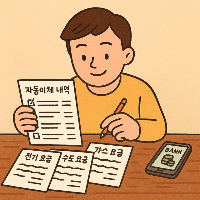 다양한 고지서를 앞에 두고 자동이체 내역을 정리하는 1인가구