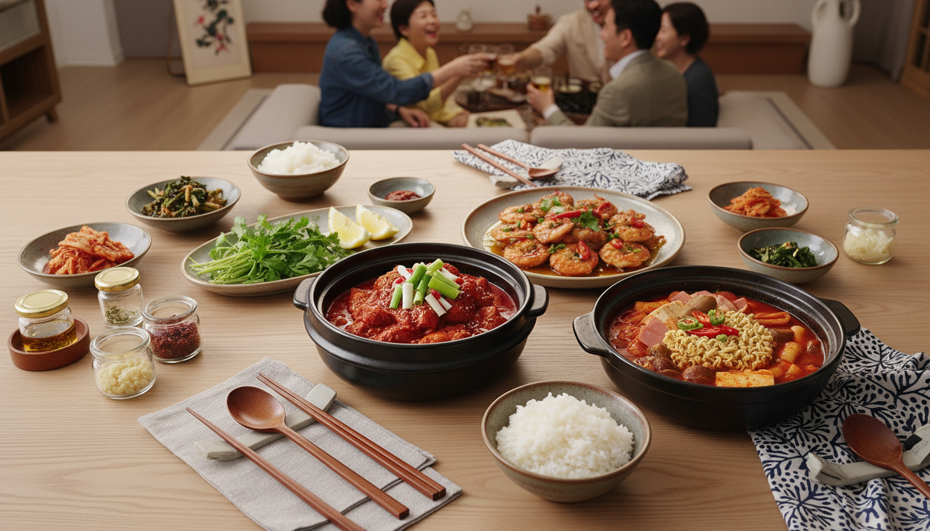 먹음직스러운 밀키트 요리들이 현대적인 한식 식탁에 세팅되어 홈파티 준비를 보여주는 상차림.