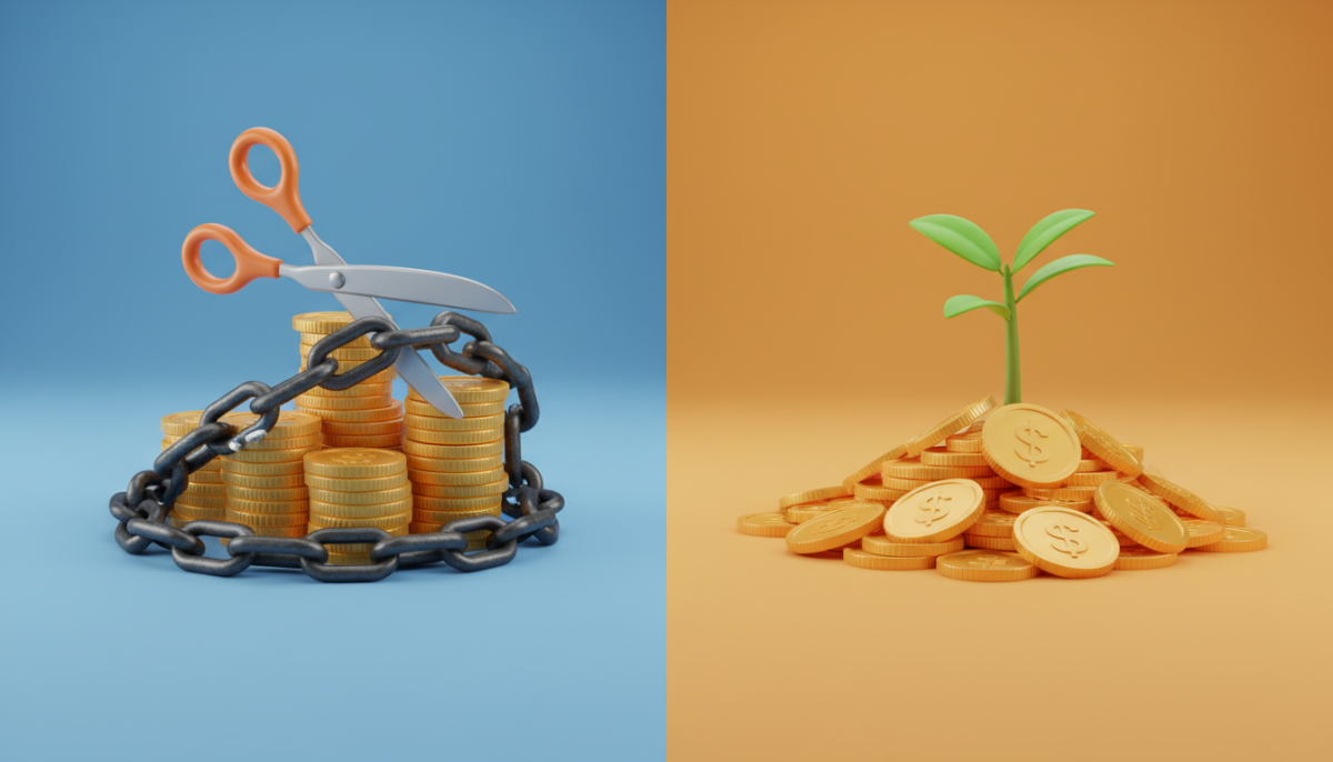 연말정산 환급금을 활용하여 쇠사슬에 묶인 부채를 끊어내고 동전 위에서 새싹이 돋아나는 자산 성장 리밸런싱 상징 이미지