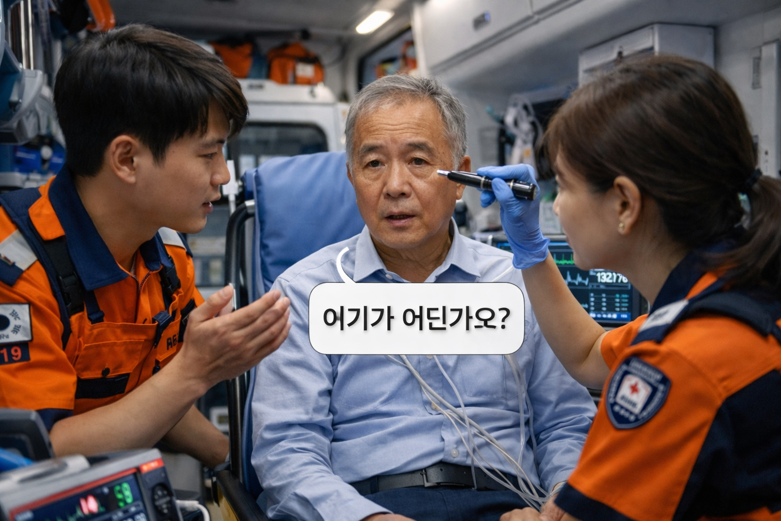 119 구급대원이 기억 혼란 환자를 평가하는 모습