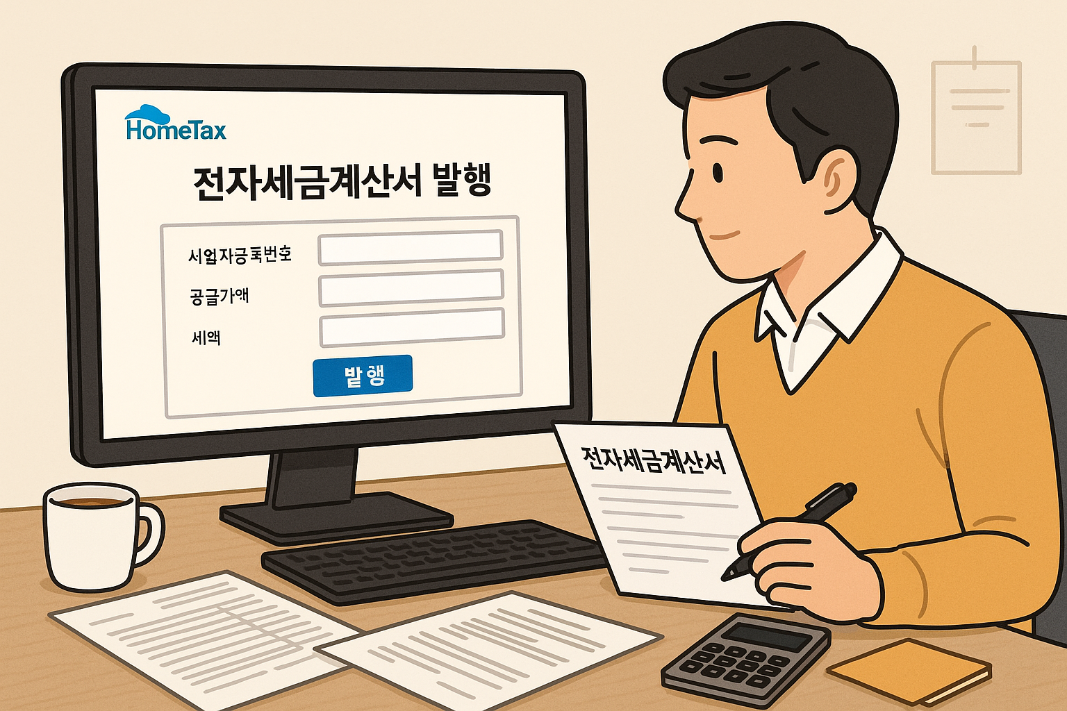 홈택스에서 전자세금계산서를 발행 중인 소상공인의 책상 모습 – 사업자 정보 입력 화면과 계산기, 문서가 함께 보이는 장면