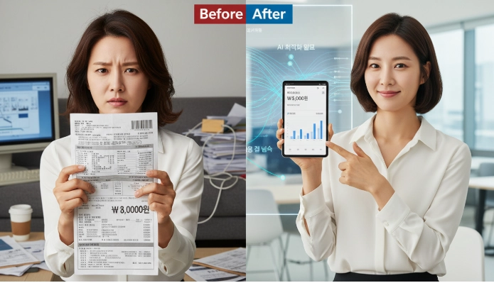 AI 분석을 통해 복잡한 통신비 고지서가 명확하고 저렴하게 변하는 모습을 보여주는 분할 화면 비교 이미지.