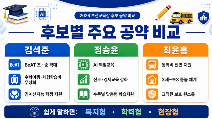 2026 부산교육감 후보 공약 비교 김석준 정승윤 최윤홍 핵심정리