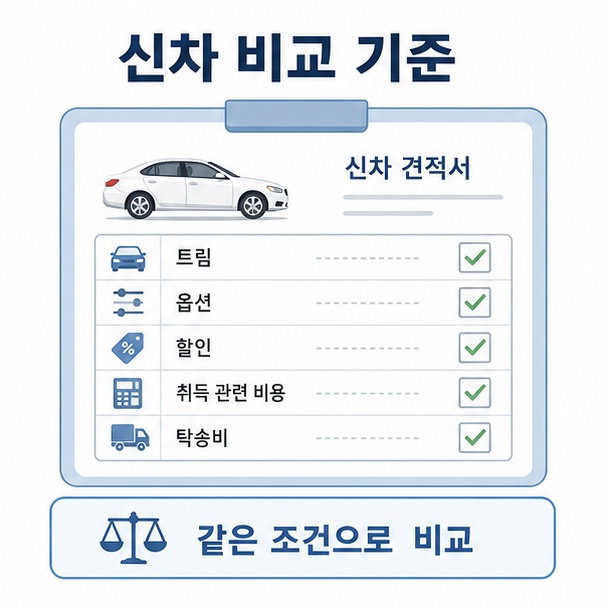 신차 가격비교 시 트림, 옵션, 할인, 취득 관련 비용, 탁송비를 같은 조건으로 비교해야 한다는 견적서 이미지