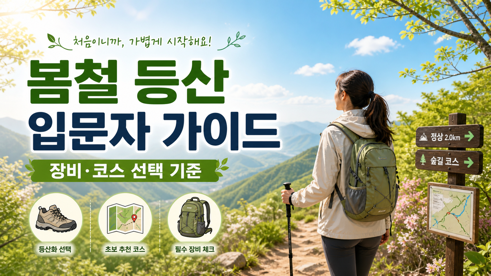봄철 산길을 바라보는 등산 입문자와 등산화, 지도, 배낭 아이콘이 함께 배치된 봄철 등산 입문자 가이드 썸네일