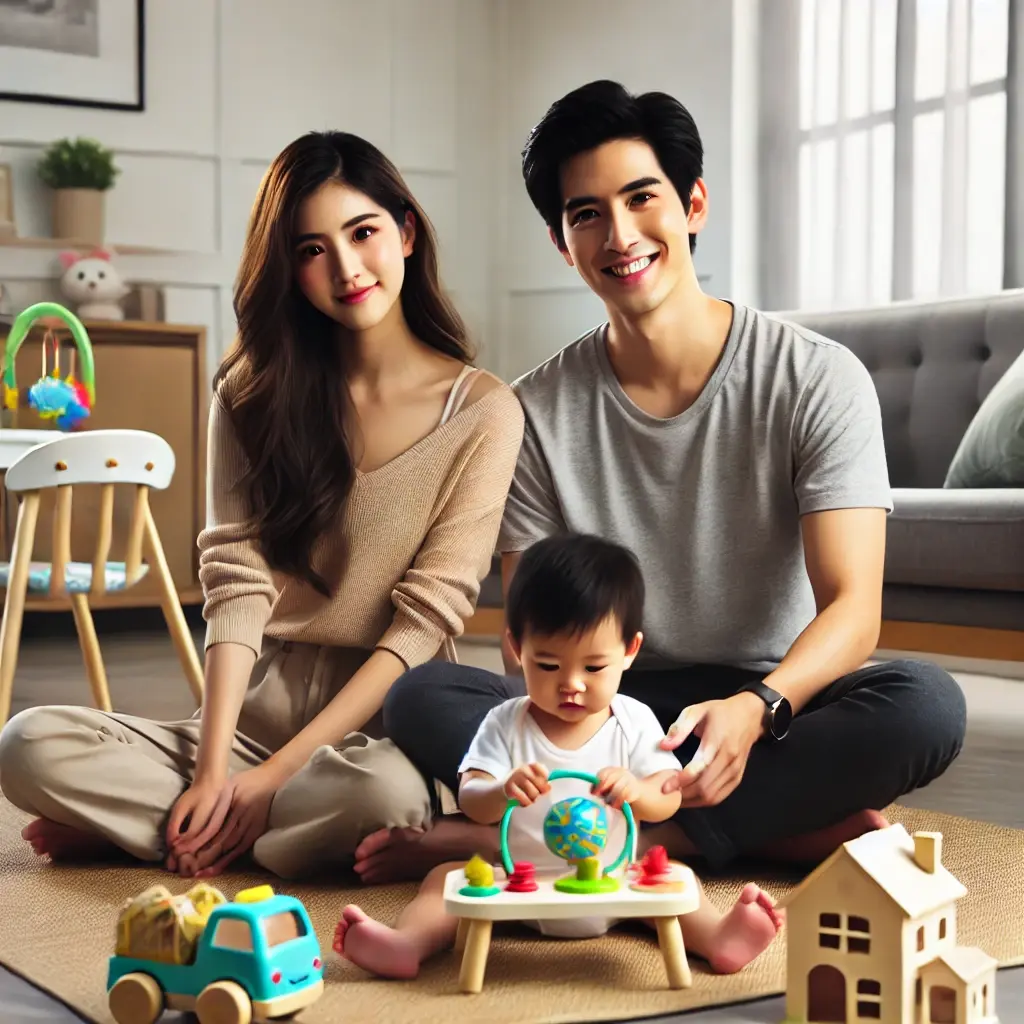 아기와 함께 거실에서 놀며 웃고 있는 동양인 부부의 따뜻한 장면