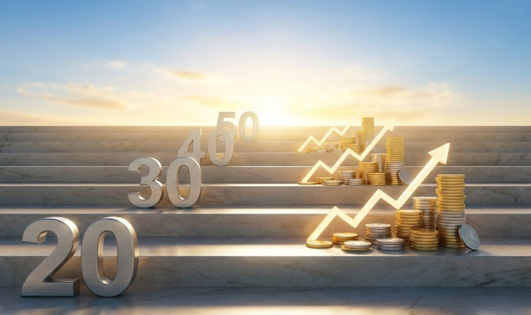 20대부터 50대까지 각 단계별로 자산이 성장하는 모습을 계단과 숫자로 표현한 재테크 로드맵 이미지