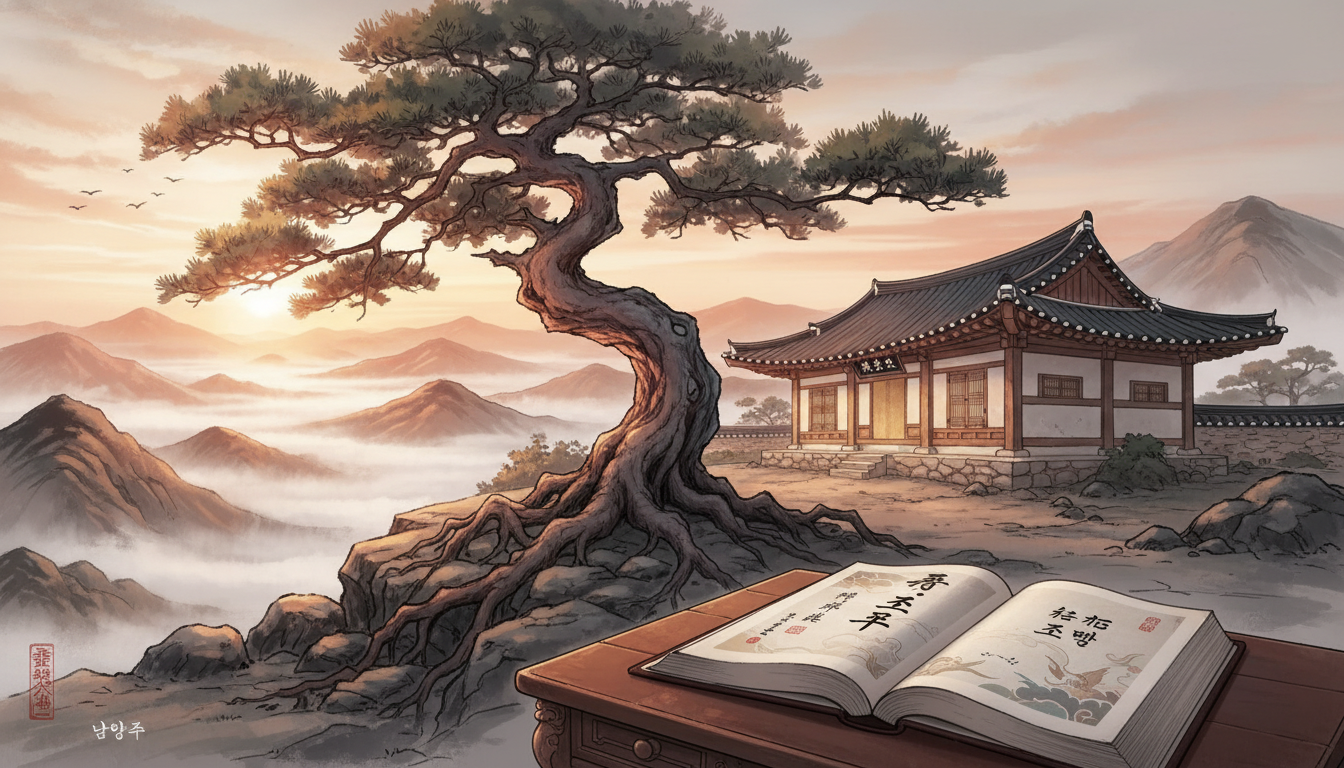 풍양 조씨 가문의 역사와 뿌리를 상징하는 한국 전통 한옥과 족보의 예술적 이미지