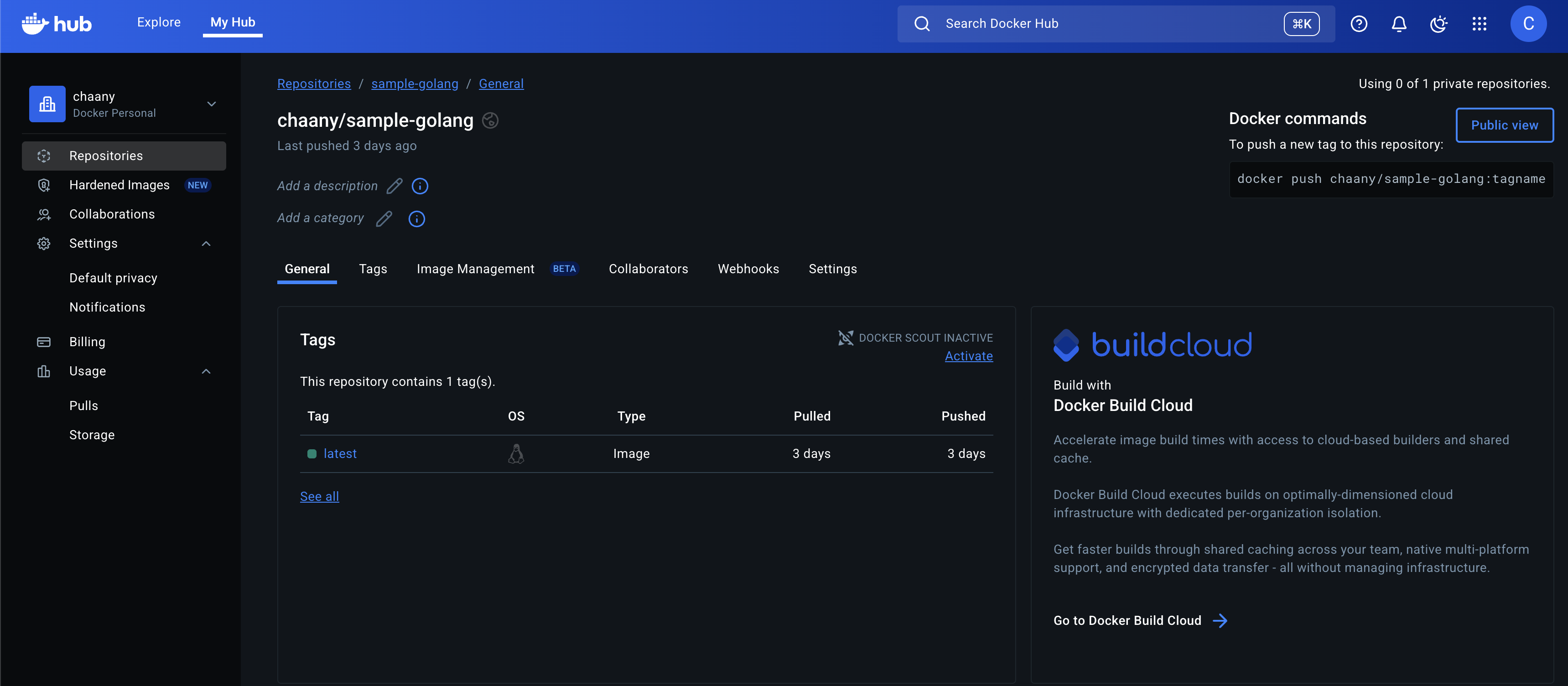 Shipwright와 BuildKit으로 빌드한 Go 애플리케이션 이미지의 Docker Hub layer 화면
