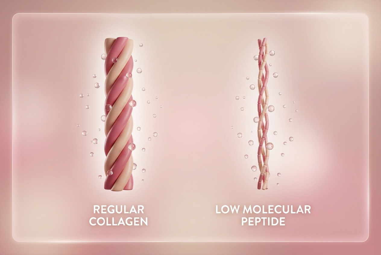 저분자 콜라겐과 일반 콜라겐의 분자 구조 차이를 직관적으로 보여주는 일러스트